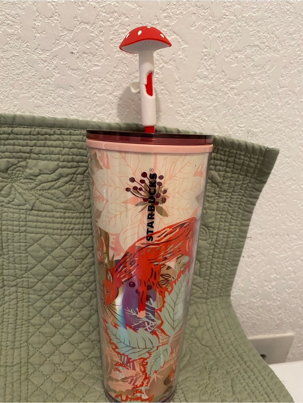 STARBUCKS 2022 “Enchanted Forest Fox Tumbler Mushroom Straw Topper” 24oz Red NWT